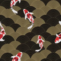 Fototapete Meerestiere Vektorfischillustration auf Wasserwelle, asiatisches nahtloses Muster, abstrakte Verzierung, Japan - Porzellanhintergrund. Vektor-Illustration - Vektor