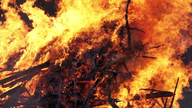 Very strong and big bonfire at the Valborg, Valpurgis Night celebration, Umea city, Sweden