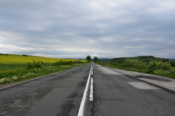 Fototapeta na wymiar Empty old asphalt road with cracks and patches, cloudy day after rain in Bulgarian countryside