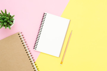 Creative flat lay photo of workspace desk. Top view office desk with open mock up notebooks and pencil and plant on pink yellow pastel color background. Top view with copy space, flat lay photography.