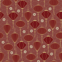 Chinese Traditional Lanterns Seamless Pattern on wave Background, Decoration and Festival. Vector illustration of China Symbol - Vector