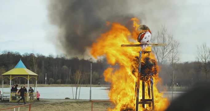 Belarus. Ignition Dummy Symbolizing Winter And Death In Slavic Mythology, Pagan Tradition. Oldest Surviving Eastern Slavic Religious National Traditional Folk Holiday Maslenitsa