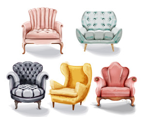 Vintage retro armchair set collection Vector watercolor. Modern style furniture. Old effect designs