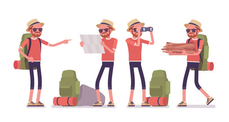 Hiking man exploring route. Male tourist with backpacking gear, wearing clothes for outdoor walks, sporting or leisure activity. Vector flat style cartoon illustration isolated on white background