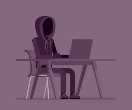 Anonymous man with hidden face at laptop. Hacker dark abstract body, covered with hood, online person not identified by name, unknown faceless user, incognito with evil intentions. Vector illustration