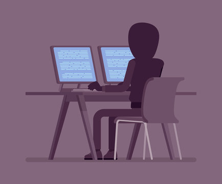 Anonymous man with hidden face at computer. Hacker dark body, covered with hood, online person not identified by name, unknown faceless user with evil intentions. Vector illustration, rear view