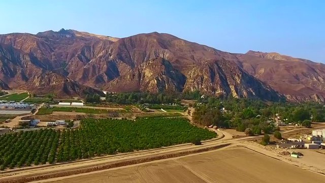 Aerial, tracking, drone shot, of buildings and plantations, in front of the Piru mountains, on a sunny evening, in Ventura, California, USA