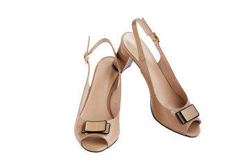 Beige feminine shoes with open toe and bow, isolated