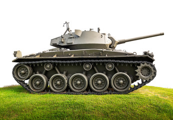 Fototapeta na wymiar Heavy armor military tank attacking on grassland isolated on white background with clipping path