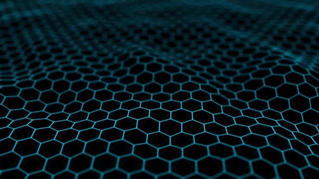 Futuristic blue hexagon background. Futuristic honeycomb concept. Wave of particles. 3D rendering. Data technology background