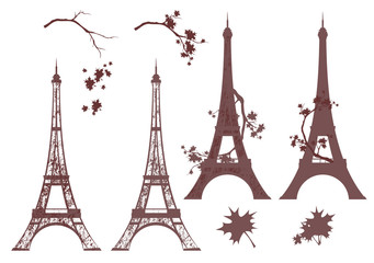 eiffel tower grunge silhouette and autumn maple branches - fall season in paris vector design set