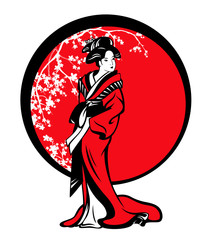 beautiful japanese geisha wearing traditional kimono among blooming sakura branches - vector outline design