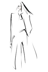 Hand-drawn fashion illustration. Young stylish woman, girl, model. Sketch, vector