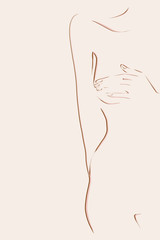 Female naked body, breast examination. Sketch, vector