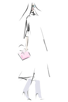 Young stylish woman, beautiful girl. Hand drawn fashion illustration. Sketch, vector