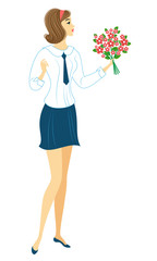 A young schoolgirl goes to school. The girl is very nice, she has a good mood, a smile. The lady carries a bouquet of flowers and a briefcase with textbooks. Vector illustration