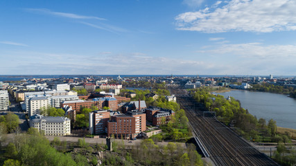 Aerial view of the Railway station, in the city of Helsinki, on a sunny summer day.  Finland