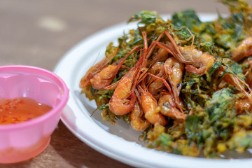 Fried Shrimp with Fern Leaves (Southern  food style of Thailand)