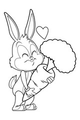 Cute easter bunny celebration with carrot isolated black and white