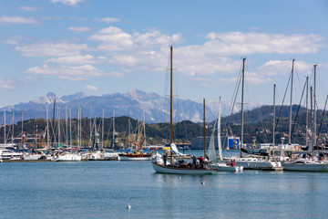 Naklejka premium LA SPEZIA, LIGURIA/ITALY - APRIL 19 : View of the port area in La Spezia Liguria Italy on April 19, 2019. Unidentifird people
