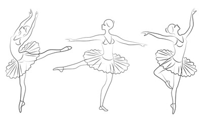 Collection. Silhouette of a cute lady, she is dancing ballet. The girl has a beautiful figure. Woman ballerina. Vector illustration set