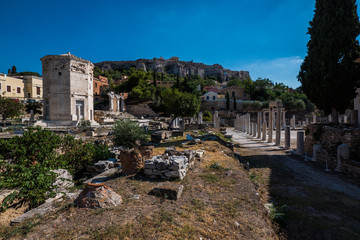 Fototapeta na wymiar Horologion of Andronikos Kyrrhestes and columns at the Agora, Athens, Greece