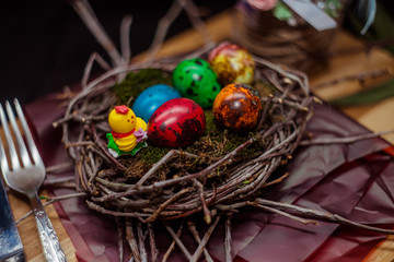 colorful Easter eggs quail in the nest