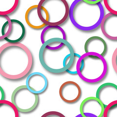 Abstract seamless pattern of randomly arranged colored rings with soft shadows on white background