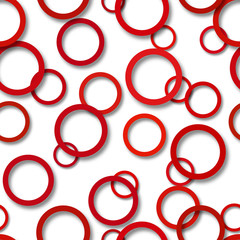 Abstract seamless pattern of randomly arranged red rings with soft shadows on white background