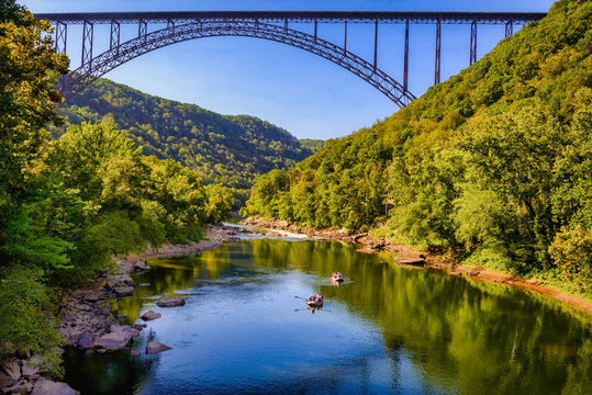 New River Gorge and Bridge in West Virginia. Rafting the New River.