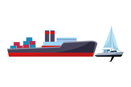 Cargo ship with container boxes and sailboat