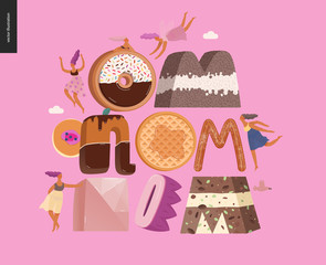 Dessert lettering - Om-nom-nom - modern flat vector concept digital illustration of temptation font, sweet lettering and girls. Caramel, toffee, biscuit, waffle, cookie, cream and chocolate letters