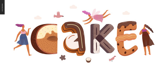 Dessert lettering - Cake - modern flat vector concept digital illustration of temptation font, sweet lettering and girls. Caramel, toffee, biscuit, waffle, cookie, cream and chocolate letters