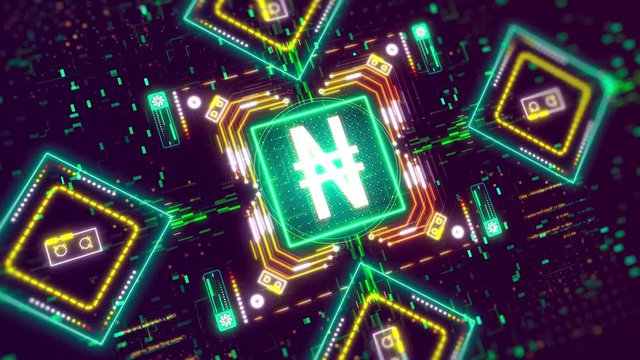 Nigeria naira money sign. Futuristic style animation with neon colors