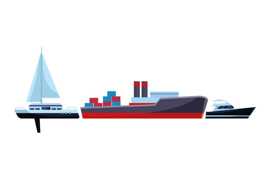 Cargo ship with container boxes sailboat and yatch