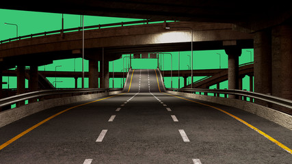 Nigt Road freeway travel concept route direction 3d render on green screen