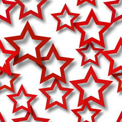 Abstract seamless pattern of randomly arranged red stars with soft shadows on white background