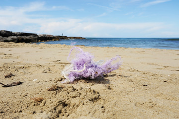 Fototapeta na wymiar Fishing nylon net on the sand. Garbage on the beach. Dirty sea shore. Environmental pollution. Save the Planet. Ecological problem. Nature theme.