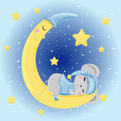 Cute mouse. Mouse sleeps on the moon. Children's illustration. cartoon. For printing on clothes, fabric, postcards, covers. - 266588997