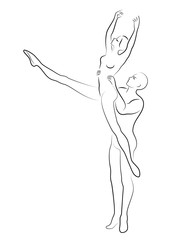 Silhouette of a cute lady and youth, they dance ballet. The woman and the man have beautiful slender figures. Girl ballerina and boyfriend dancer. Ballet dancer. Vector illustration