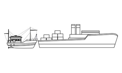 Naklejka premium Cargo ship with container boxes and fishing boat black and white