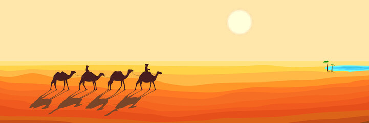 Panoramic Landscape of the Desert. Caravan of Camels Goes to the Arabic Oasis. Silhouette Design in a Flat Style. Raster Illustration