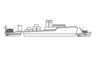Naklejka premium Cargo ship with container boxes and fisher boats black and white