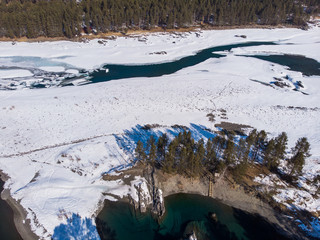 Aerial view of winter blue lakes in Altai mountains