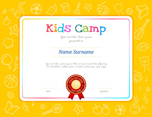 Kids Diploma or certificate template with colorful background for kid camp
