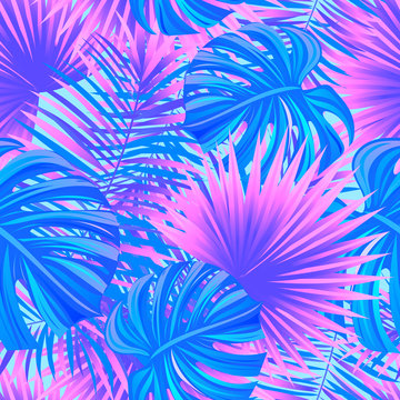 Colored tropical forest vector illustration. exotic tropic seamless pattern. beautiful leaves, plants. Summer, spring, travelling, vacation design. Magical forest wallpaper.