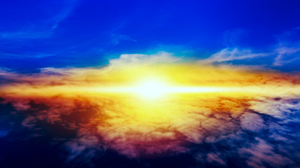  Beautiful heavenly landscape with the sun in the clouds . View of clouds from high altitude . Paradise heaven .light about the sky .