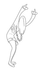 Vector graphics. girl drawn in black line on white. Modern girl dancing in a short dress with beads