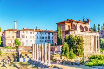 Rome, Italy. Rom Empire ancient ruins. Amazing sunset scenery over ancient city architecture in...