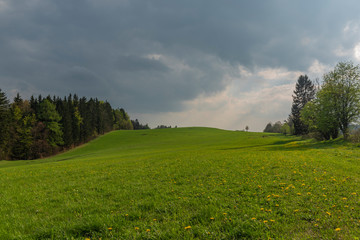 Green meadows in spring sunny cloudy day near Branna town in Jeseniky mountains